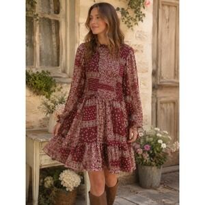 Lena Patchwork Paisley Print Smocked Mini Dress Small BOHO Ruffle Long Sleeve